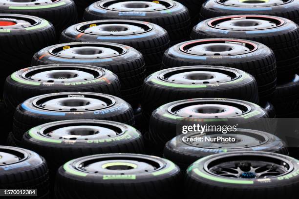 Pirelli tyres are seen after the Formula 1 Belgian Grand Prix at Spa-Francorchamps in Spa, Belgium on July 30, 2023.