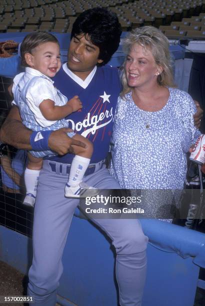 Actor Erik Estrada, wife Peggy Rowe and son Anthony Estrada attend the 30th Annual "Hollywood Stars Night' Celebrity Baseball Game on August 29, 1987...