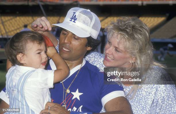 Actor Erik Estrada, wife Peggy Rowe and son Anthony Estrada attend the 30th Annual "Hollywood Stars Night' Celebrity Baseball Game on August 29, 1987...
