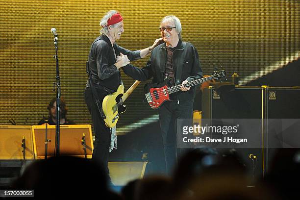 Keith Richards and Bill Wyman of the Rolling Stones perform at 02 Arena on November 25, 2012 in London, England.