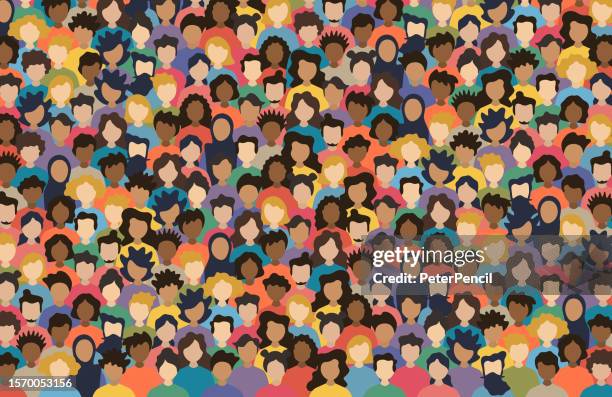 ilustrações de stock, clip art, desenhos animados e ícones de multicultural crowd of people. group of different men and women. young, adult and older peole. european, asian, african and arabian people. empty faces. vector illustration. horizontal composition - hijab