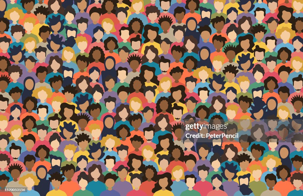 Multicultural Crowd of People. Group of different men and women. Young, adult and older peole. European, Asian, African and Arabian People. Empty faces. Vector illustration. Horizontal Composition