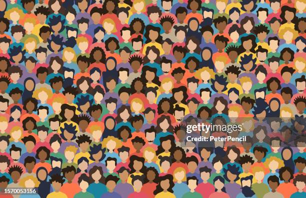 bildbanksillustrationer, clip art samt tecknat material och ikoner med multicultural crowd of people. group of different men and women. young, adult and older peole. european, asian, african and arabian people. empty faces. vector illustration. horizontal composition - full body