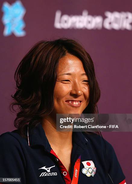 Yuki Ogimi of Japan is seen during the Women's Football Final press conference at the Main Press Centre as part of the London 2012 Olympic Games on...