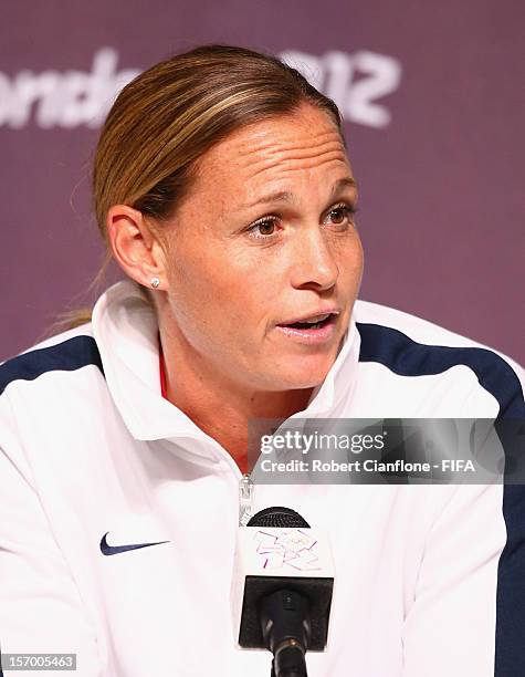 Christie Rampone of the USA is seen during the Women's Football Final press conference at the Main Press Centre as part of the London 2012 Olympic...
