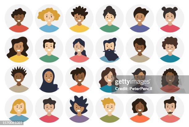 people avatar round icon set - profile diverse faces for social network and applications - vector abstract illustration - round eyeglasses clip art stock illustrations