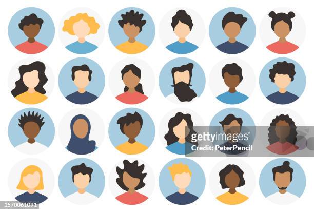 people avatar round icon set - profil diverse leere gesichter für soziales netzwerk und anwendungen - vektorabstrakte illustration - black woman no face stock-grafiken, -clipart, -cartoons und -symbole