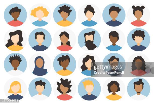 ilustraciones, imágenes clip art, dibujos animados e iconos de stock de people avatar round icon set - perfil de diversas caras vacías para redes sociales y aplicaciones - ilustración abstracta vectorial - de ascendencia europea
