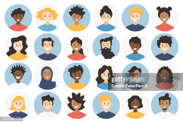 people avatar round icon set - profile diverse faces for social network and applications - vector abstract illustration - round eyeglasses clip art stock illustrations