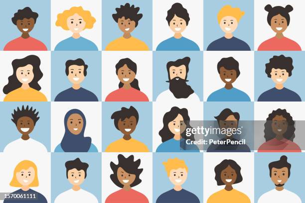 people avatar square icon set - profile diverse faces for social network and applications - vector abstract illustration - anthropomorphic stock illustrations