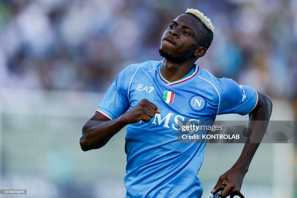 SSC Napoli's Nigerian forward Victor Osimhen celebrates...