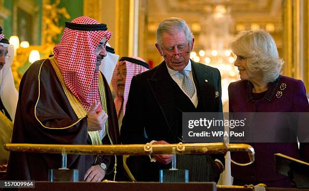 Prime Minister Sheik Jaber Mubarak AL-Hamad AL-Sabah of Kuwait, speaks to Prince Charles, Prince of Wales and Camilla, Duchess of Cornwall as they...