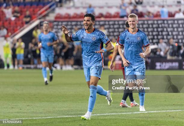 Mounsef Bakrar of NYCFC celebrates scoring goal during Leagues Cup 2023 match against Toronto FC at Red Bull Arena in Harrison. NYCFC won 5 - 0.