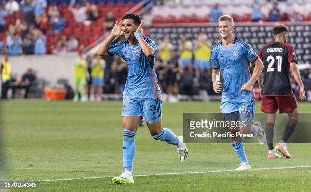 Mounsef Bakrar of NYCFC celebrates scoring goal during Leagues Cup 2023 match against Toronto FC at Red Bull Arena in Harrison. NYCFC won 5 - 0.