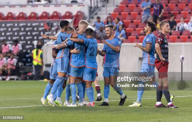 Players celebrate goal scored by Maxime Chanot during Leagues Cup 2023 match against Toronto FC at Red Bull Arena in Harrison. NYCFC won 5 - 0.