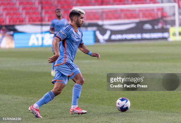 Andres Jasson of NYCFC controls ball during Leagues Cup 2023 match against Toronto FC at Red Bull Arena in Harrison. NYCFC won 5 - 0.