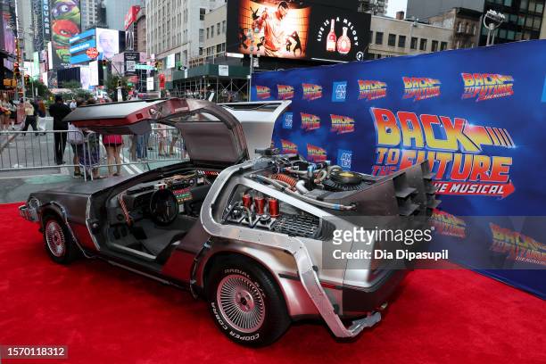 View of a DeLorean on display outside the "Back To The Future: The Musical" Gala Performance at Winter Garden Theatre on July 25, 2023 in New York...