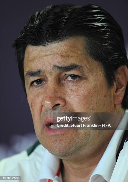 Luis Fernandez Tena, head coach of Mexico addresses the media during a press conference prior to the final of the men's London 2012 Olympic games...