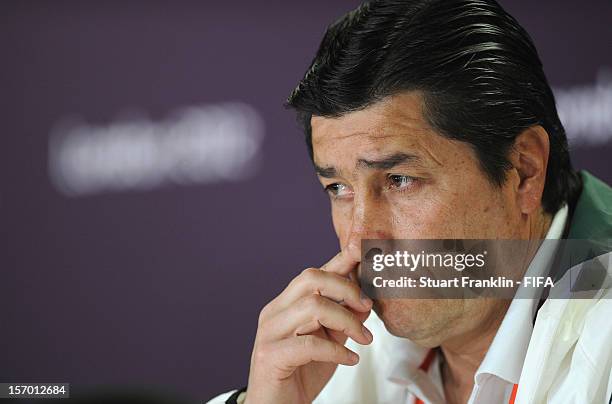 Luis Fernandez Tena, head coach of Mexico addresses the media during a press conference prior to the final of the men's London 2012 Olympic games...