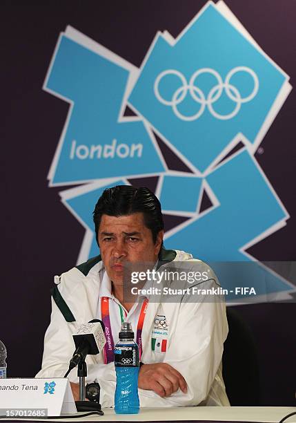 Luis Fernandez Tena, head coach of Mexico addresses the media during a press conference prior to the final of the men's London 2012 Olympic games...