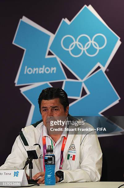 Luis Fernandez Tena, head coach of Mexico addresses the media during a press conference prior to the final of the men's London 2012 Olympic games...