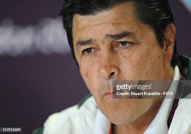 Luis Fernandez Tena, head coach of Mexico addresses the media during a press conference prior to the final of the men's London 2012 Olympic games...