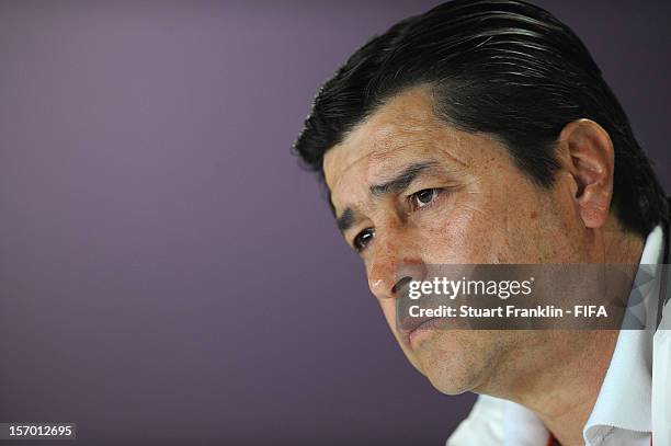 Luis Fernandez Tena, head coach of Mexico addresses the media during a press conference prior to the final of the men's London 2012 Olympic games...