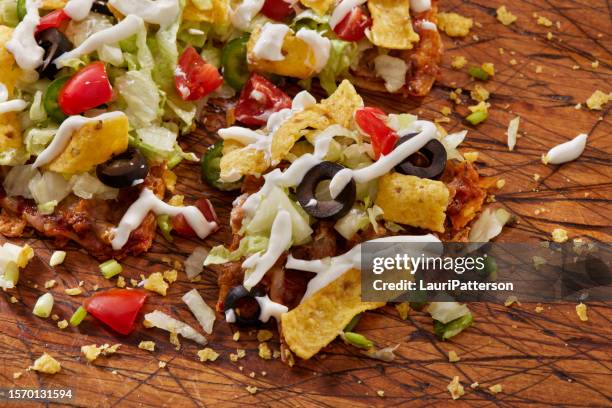 mexican tortilla pizza with corn chips - tortilla dish stock pictures, royalty-free photos & images