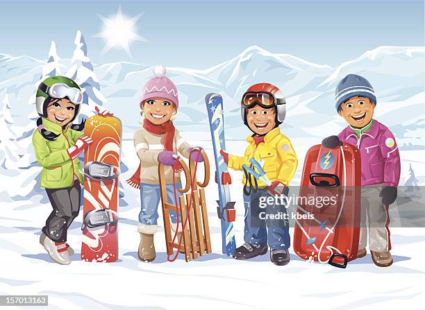 ilustraciones, imágenes clip art, dibujos animados e iconos de stock de vacaciones de invierno - snowboard