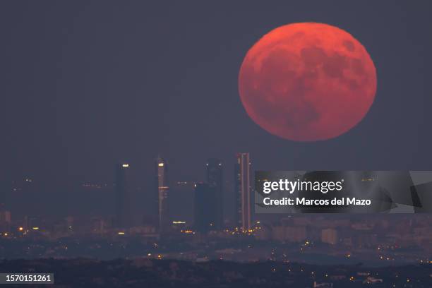 The full supermoon of August, known as the Sturgeon Moon, rises over the skyline with the skyscrapers of the Four Towers Business Area of Madrid.