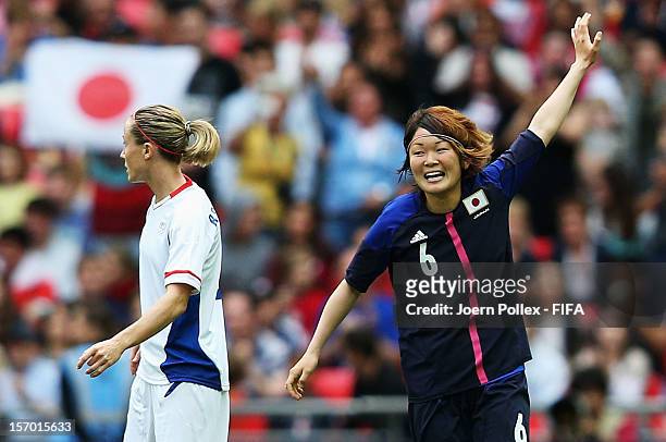 Mizuho Sakaguchi of Japan celebrates after scoring her team's second goal during the Women's Football Semi Final match between France and Japan on...