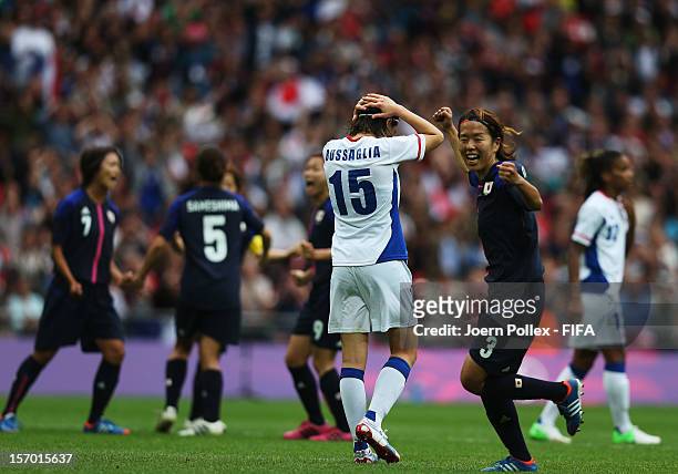 Elise Bussaglia of France is seen after her penalty kick during the Women's Football Semi Final match between France and Japan on Day 10 of the...