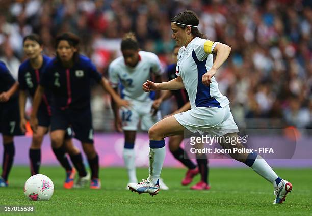 Elise Bussaglia of France kicks the ball on a penalty kick during the Women's Football Semi Final match between France and Japan on Day 10 of the...