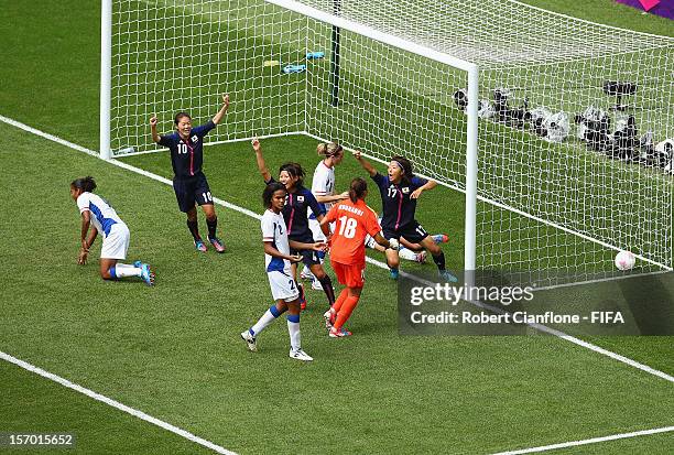 Yuki Ogimi of Japan celebrates her goal during the Women's Football Semi Final match between France and Japan on Day 10 of the London 2012 Olympic...
