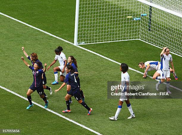 Yuki Ogimi of Japan celebrates her goal during the Women's Football Semi Final match between France and Japan on Day 10 of the London 2012 Olympic...