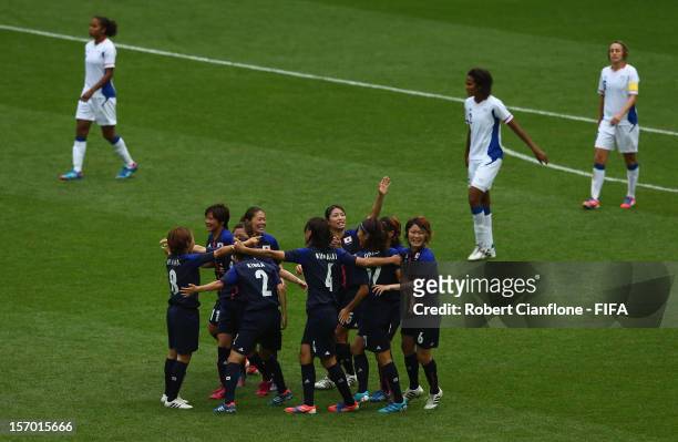 Mizuho Sakaguchi of Japan celebrates her goal with teammates during the Women's Football Semi Final match between France and Japan on Day 10 of the...