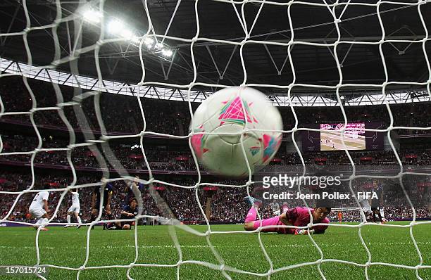 Oribe Perala of Mexico scored his team's second goal during the Men's Football Semi Final match between Mexico and Japan, on Day 11 of the London...