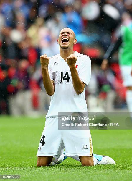 Jorge Enriquez of Mexico celebrates after Mexico defeated Japan at the Men's Football Semi Final match between Mexico and Japan, on Day 11 of the...