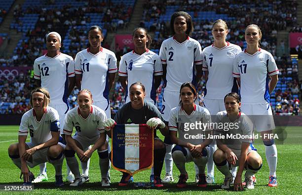 The team of France lines up during the Women's Football Bronze Medal match between Canada and France, on Day 13 of the London 2012 Olympic Games at...
