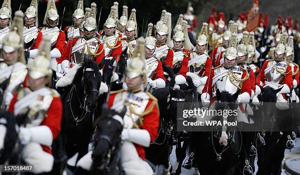 Troops of the Household Cavalry arrive to form the honour guard for the official arrival of the Amir Sheikh Sabah Al-Ahmad Al-Jaber Al-Sabah of...