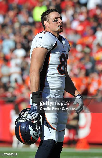Tight end Joel Dreessen of the Denver Broncos looks up into the stands against the Kansas City Chiefs during the first half on November 25, 2012 at...