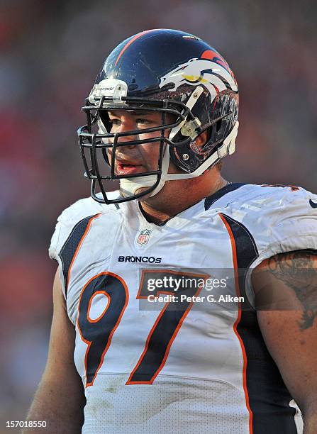 Nose tackle Justin Bannan of the Denver Broncos looks down field against the Kansas City Chiefs during the second half on November 25, 2012 at...