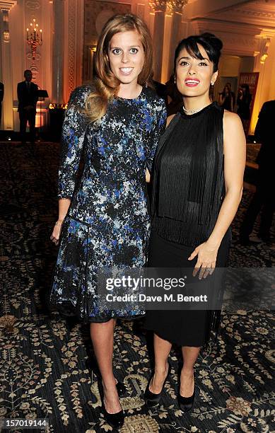 Princess Beatrice of York and Salma Hayek attend a drinks reception at the British Fashion Awards 2012 at The Savoy Hotel on November 27, 2012 in...
