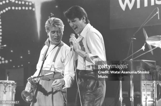 Steve Norman and Tony Hadley of Spandau Ballet playing saxophone, performing on BBC music TV show 'The Old Grey Whistle Test', BBC studios, London,...