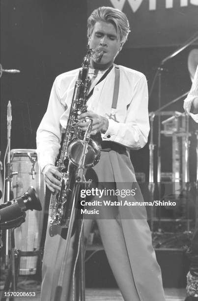 Steve Norman of Spandau Ballet playing saxophone, performing on BBC music TV show 'The Old Grey Whistle Test', BBC studios, London, UK, 5 May 1982.