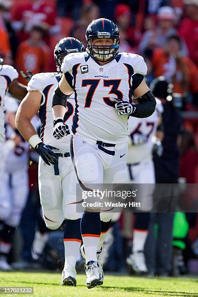 Chris Kuper of the Denver Broncos jogs onto the field before a game against the Kansas City Chiefs at Arrowhead Stadium on November 25, 2012 in...