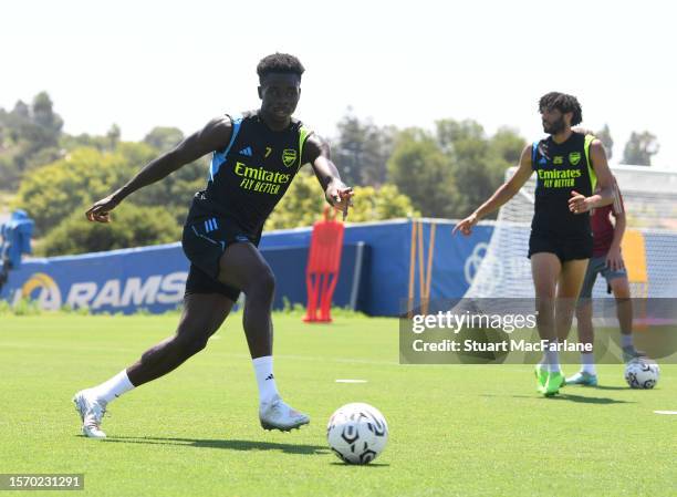 Bukayo Saka of Arsenal during a training session at the LA Rams Training Facility on July 24, 2023 in Thousands Oaks, California.