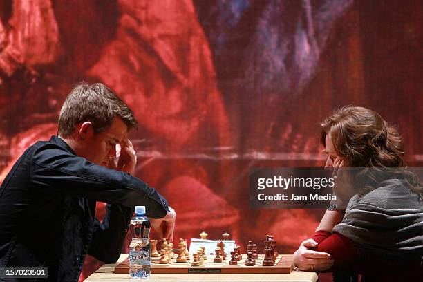 Magnus Carlsen from Norway and Judit Polgar from Hungary play the final chess game Foursquare Blindfold and Rapid Tournament, as part of the Second...