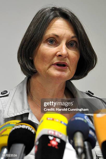 District President of Freiburg Baerbel Schaefer attends a press conference on the death of 14 people during a fire in a Caritas employment facility...