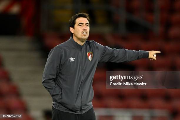 Andoni Iraola, Manager of AFC Bournemouth reacts during the pre-season friendly match between Southampton and Bournemouth at St Mary's Stadium on...